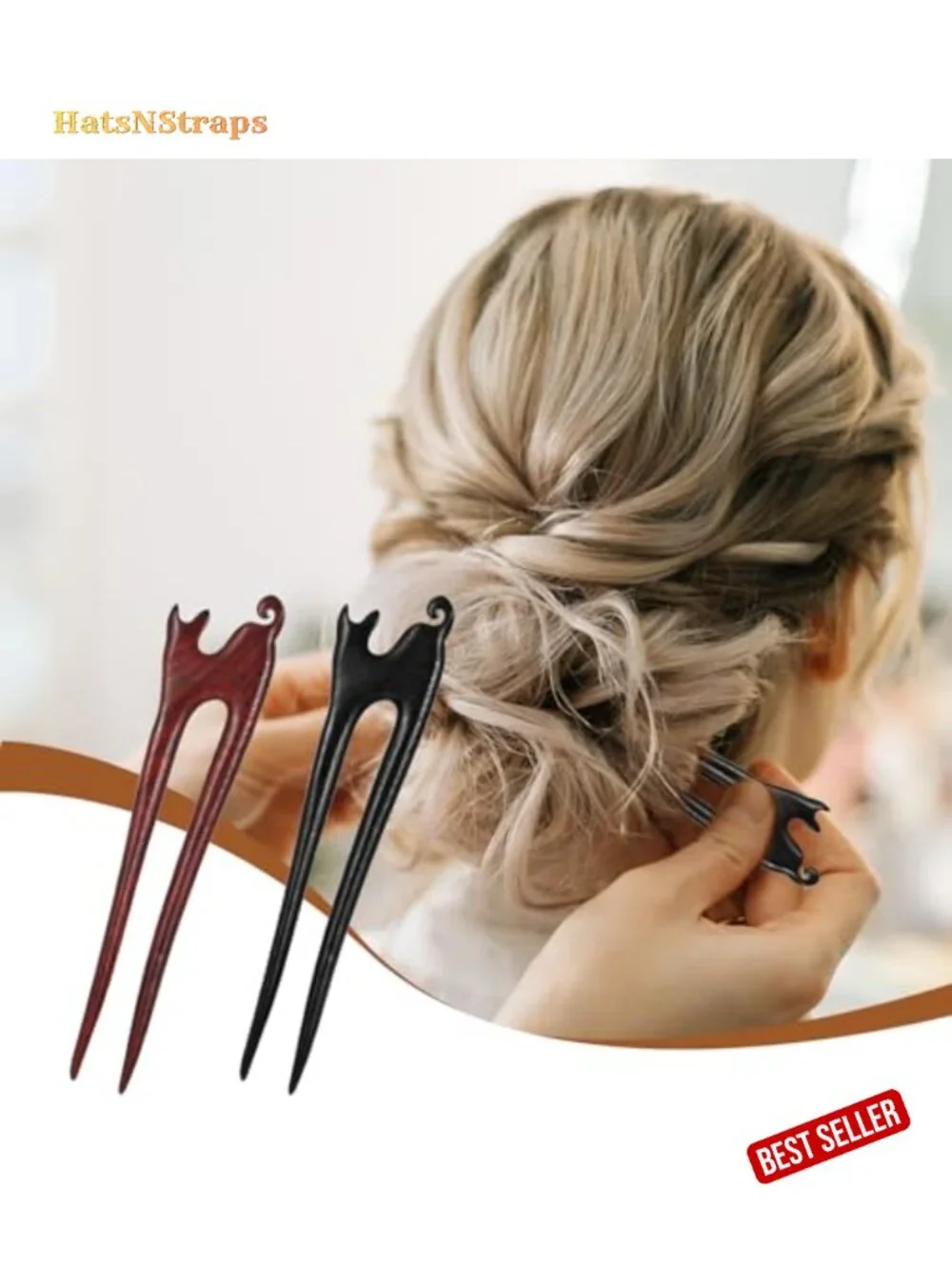 Handmade Carved Wood Hair Sticks French Hair Forks Cat Design U-Shape 2-Prong